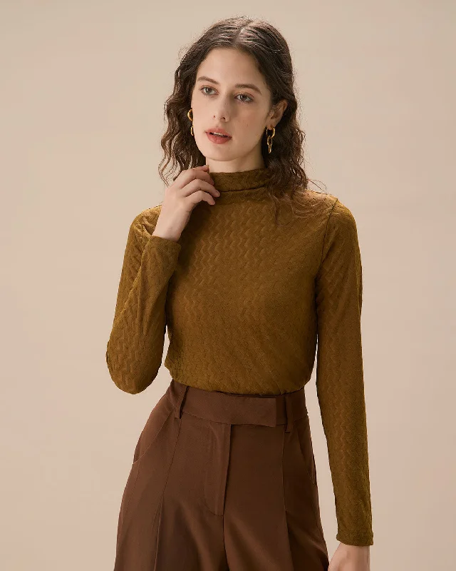 Women's Comfortable Short Sleeve T-shirt for Travel -Army Green Mock Neck Knit Tee