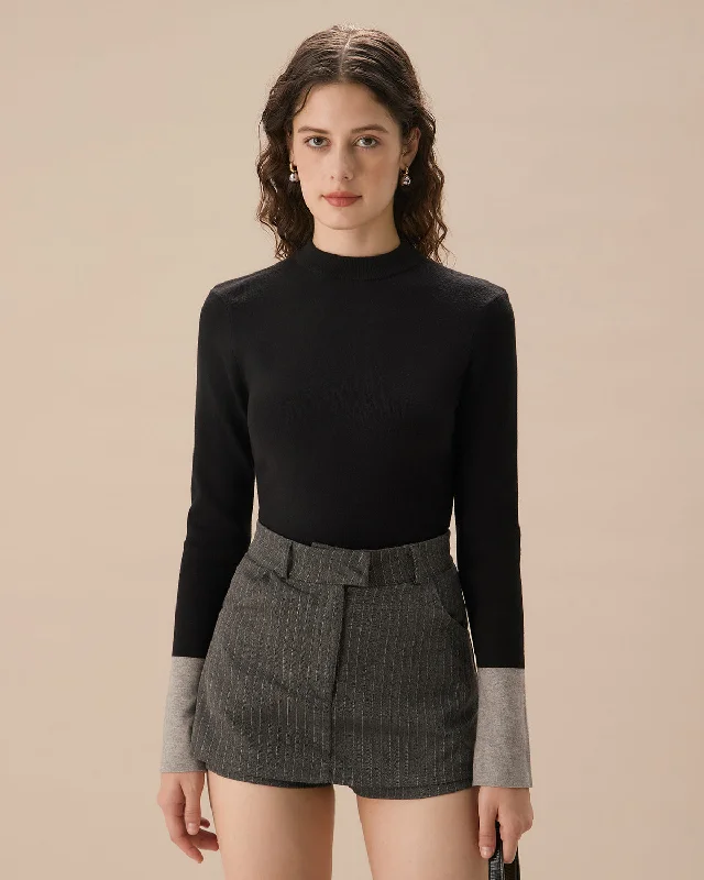 Classic Women's Short Sleeve T-shirt for Layering -Black Contrasting Slim Knit Tee