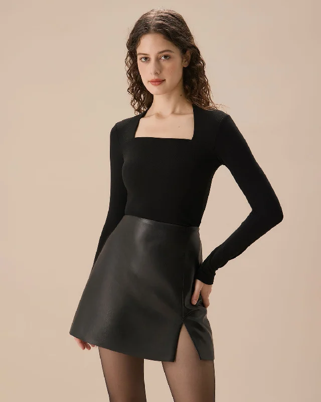 Basic Women's T-shirt for Casual Wear -Black Square Neck Slim Knit Tee