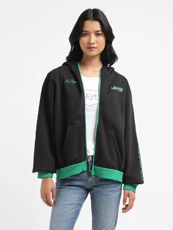 Women's Sweatshirts for Trendy Looks -Women's Brand Logo Black Hooded Sweatshirt