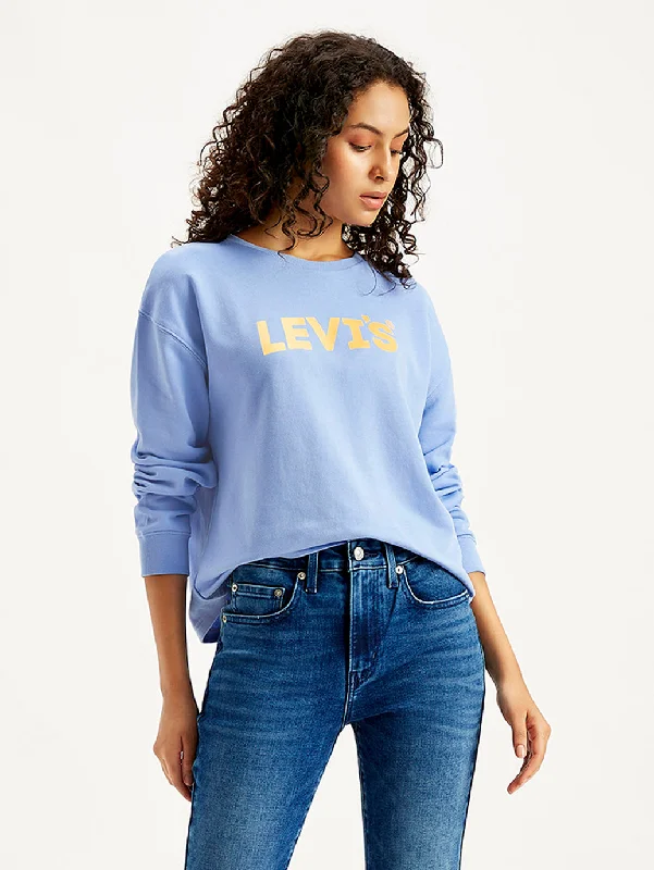 Women's Sweatshirts for Casual Outings -Women's Brand Logo Blue Crew Neck Sweatshirt Women's Sweatshirts for Casual Outings -Women's Brand Logo Blue Crew Neck Sweatshirt
