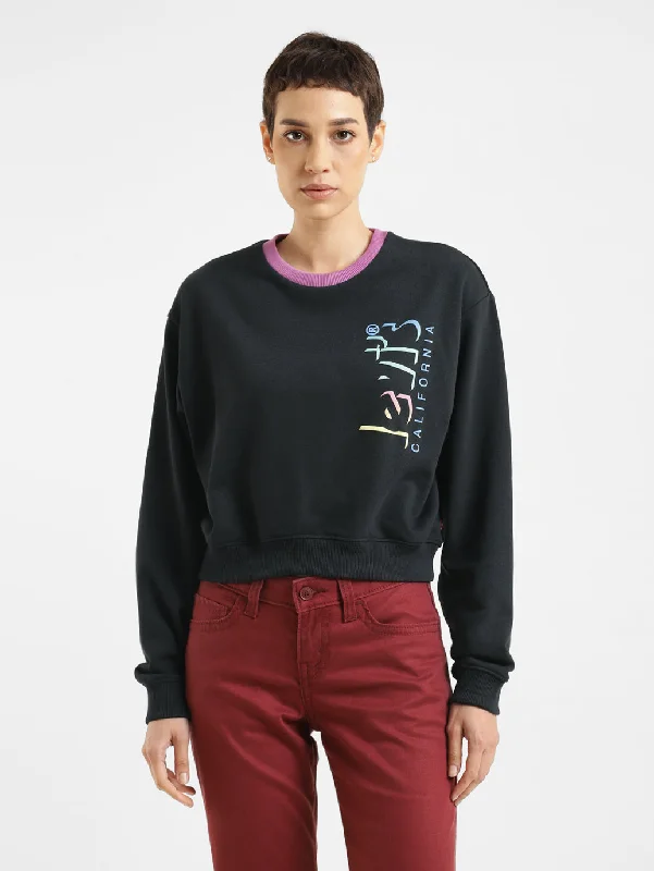 Women's Sweatshirts with Ribbed Hem -Women's Brand Logo Round Neck Sweatshirt