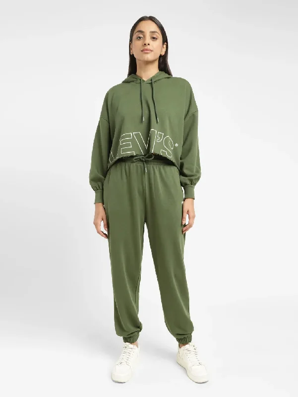 Women's Sweatshirts with Feminine Cut -Women's Brand Logo Green Hooded Sweatshirt