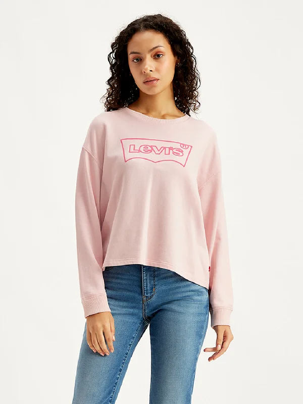 Women's Sweatshirts with Soft Ribbed Neckline -Women's Brand Logo Light-Pink Crew Neck Sweatshirt