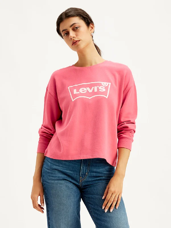 Women's Sweatshirts with Athletic Vibe -Women's Brand Logo Pink Crew Neck Sweatshirt