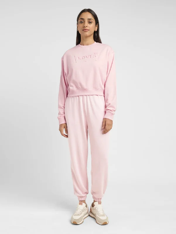 Women's Sweatshirts with Ultra-Soft Lining -Women's Brand Logo Pink Crew Neck Sweatshirt