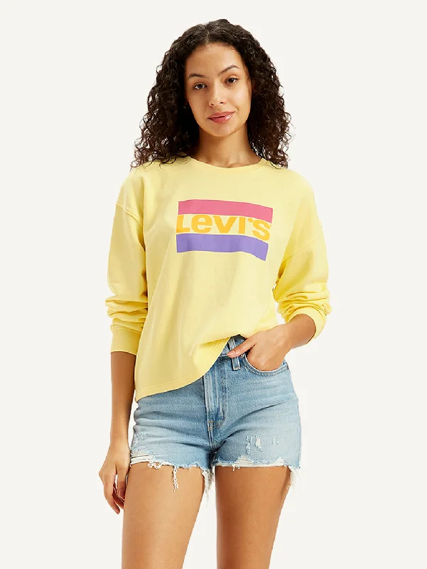 Women's Sweatshirts with Graphic Prints -Women's Brand Logo Yellow Crew Neck Sweatshirt Women's Sweatshirts with Graphic Prints -Women's Brand Logo Yellow Crew Neck Sweatshirt