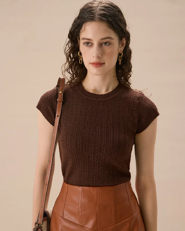 Women's Trendy Short Sleeve T-shirt with Prints -Women's Brown Crew Neck Ribbed Knit Tee