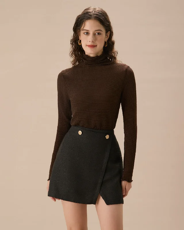 Women's Comfortable Short Sleeve Top for Warm Weather -Women's Brown Mock Neck Slim Tee Women's Comfortable Short Sleeve Top for Warm Weather -Women's Brown Mock Neck Slim Tee