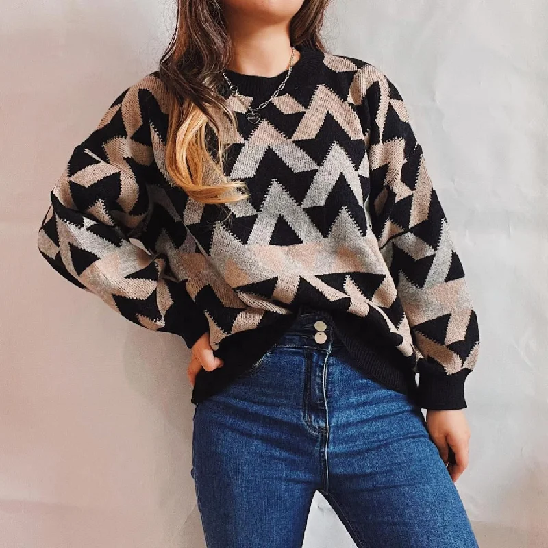 Women's Soft Wool Blend Pullover Sweater with Round Neck-Women's Clothing New Autumn And Winter Loose Retro Geometric Triangle Round Neck Long Sleeve Pullover Sweater Women's Soft Wool Blend Pullover Sweater with Round Neck-Women's Clothing New Autumn And Winter Loose Retro Geometric Triangle Round Neck Long Sleeve Pullover Sweater