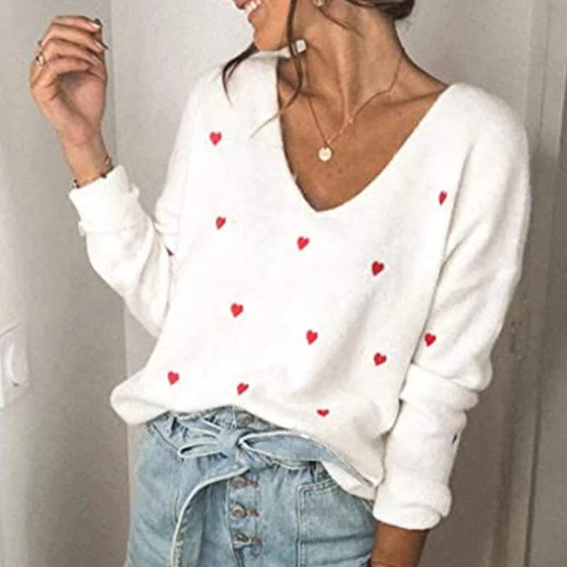 Women's Soft Wool Pullover Sweater for Cold Nights-Women's Fashion New Sweater Valentine's Day Love Polka Dot V-Neck Plus Size Loose Pullover Women's Soft Wool Pullover Sweater for Cold Nights-Women's Fashion New Sweater Valentine's Day Love Polka Dot V-Neck Plus Size Loose Pullover