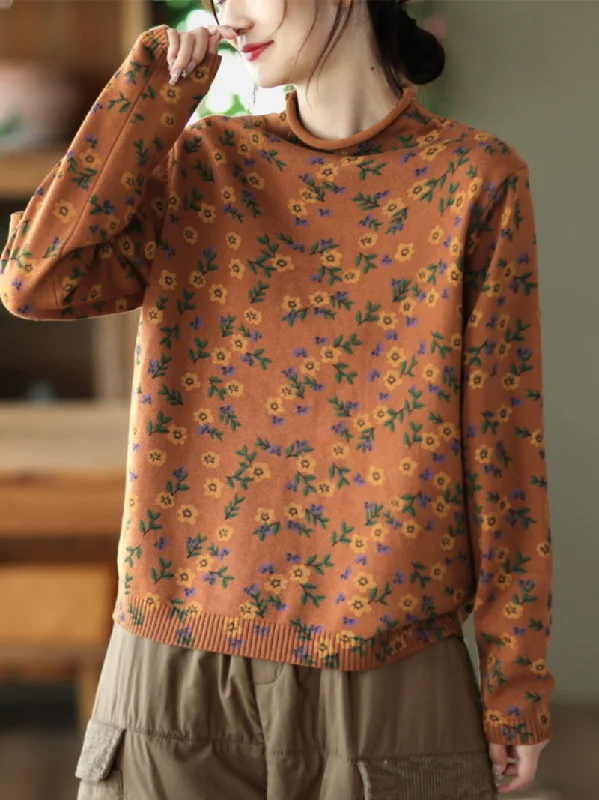 Women's Long Knit Pullover Sweater with Side Slits-Women's Flower Printing Knitted top Female Pullover Loose Sweater Dress