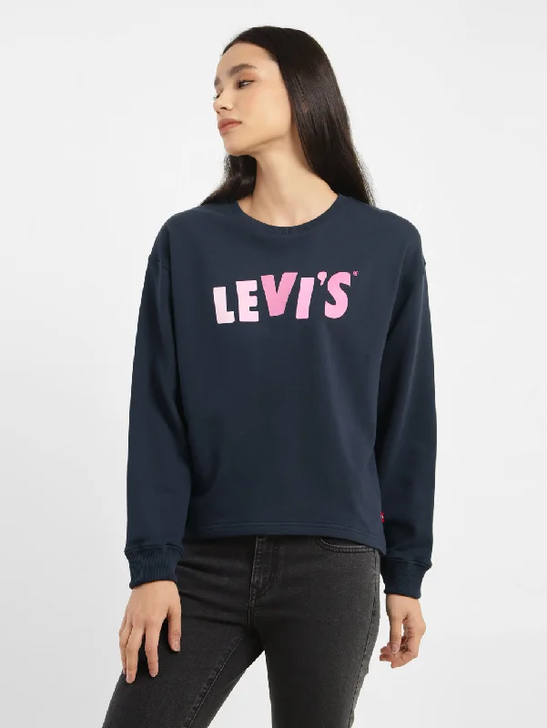Women's Sweatshirts with Long Sleeves for Winter -Women's Graphic Print Navy Crew Neck Sweatshirt