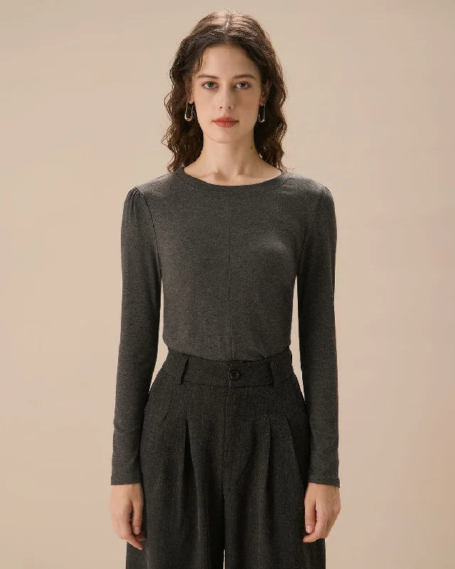Women's Cozy Cotton T-shirt for Winter Layering -Grey Slim Knit Tee