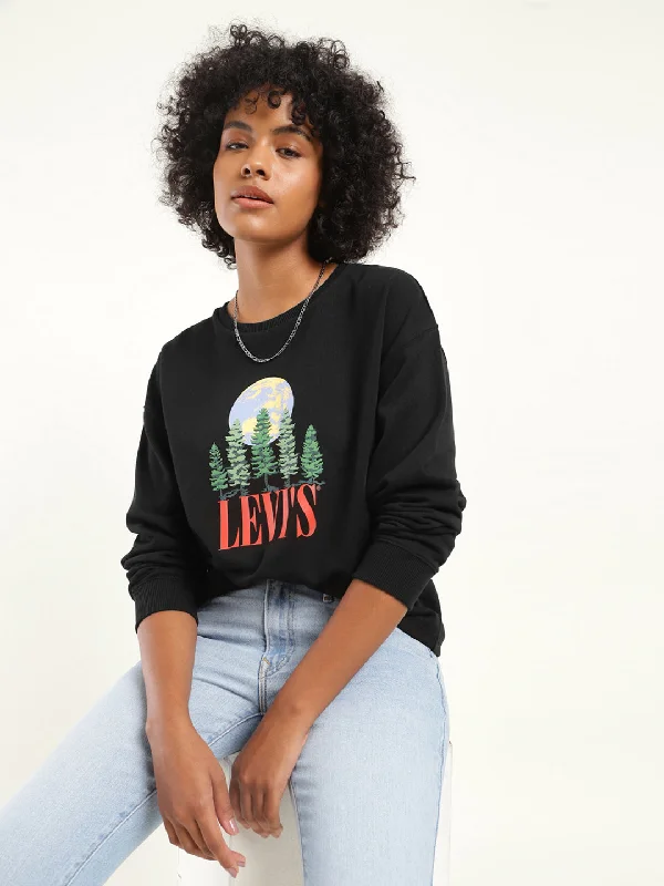 Women's Sweatshirts with Bold Branding -Women's Solid Black Crew Neck Sweatshirt