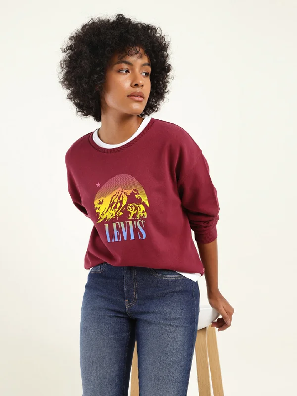 Women's Sweatshirts with Relaxed Hood -Women's Solid Maroon Crew Neck Sweatshirt