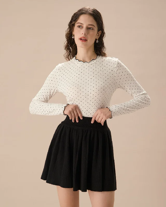 Women's Basic Soft T-shirt for Casual Wear -White Mock Neck Polka Dot Tee