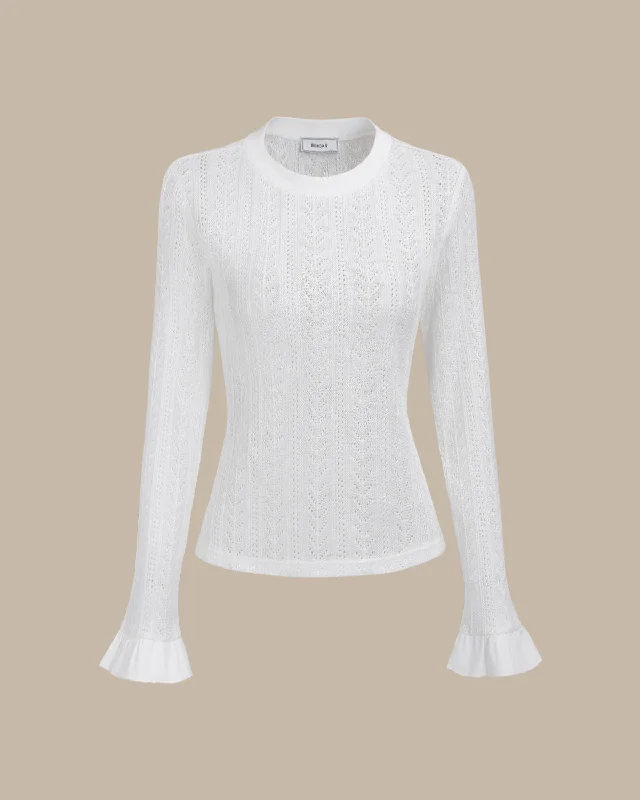 Women's Casual V-neck T-shirt -White See-Through Knit Tee