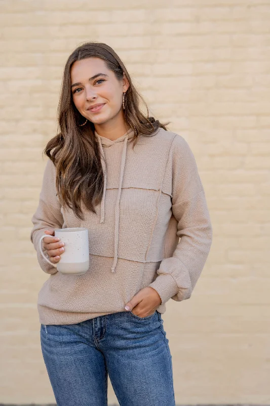 Women's Sweatshirts with Bold Neckline -Woven Textured Mid Seam Hoodie