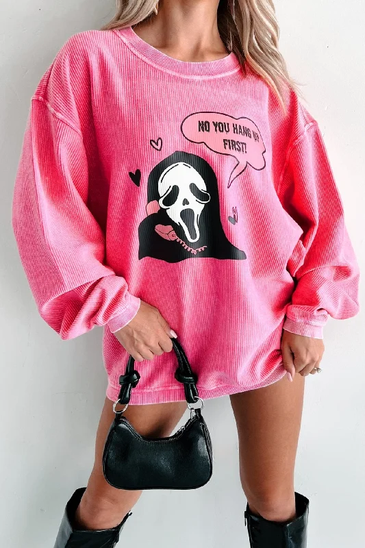 Women's Sweatshirts with Soft Outer Layer -"You Hang Up First" Corded Graphic Crewneck (Bubblegum) - Print On Demand