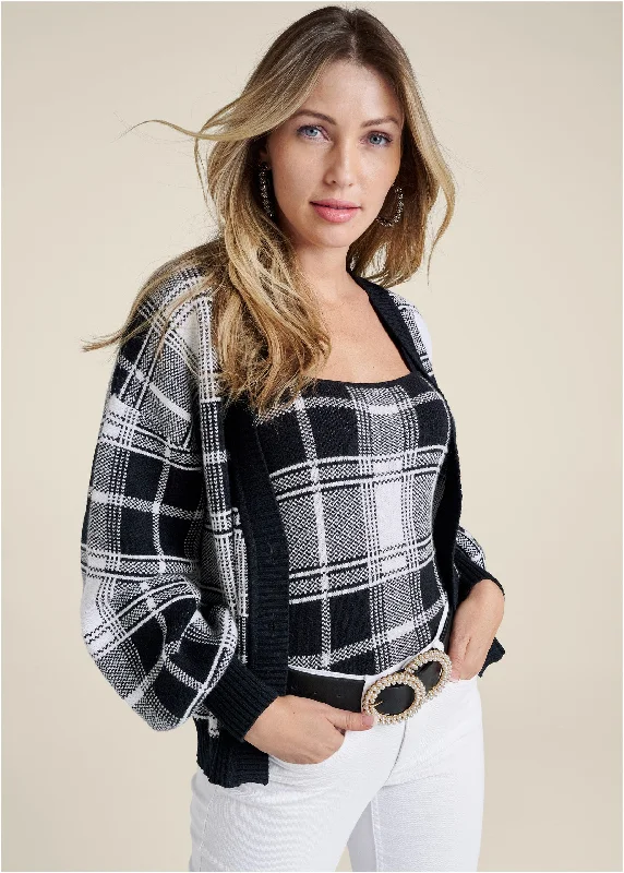 Women's Sweater Set for Spring Fashion -Plaid Sweater Set - Black & White