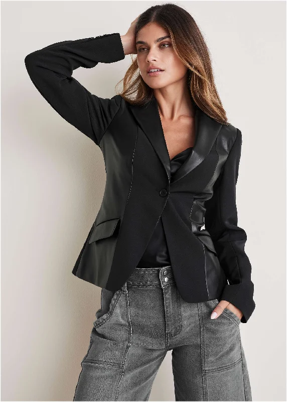 Women's Blazers with Wide Lapels -Faux Leather Detail Blazer - Black