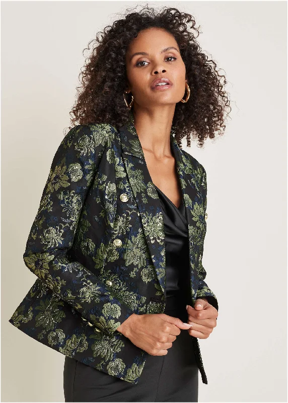 Women's Elegant Evening Blazers -Jacquard Blazer - Navy Combo
