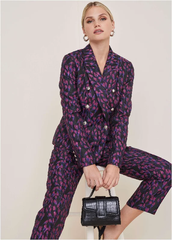 Women's Faux Fur Blazers -Jacquard Blazer - Blue Multi
