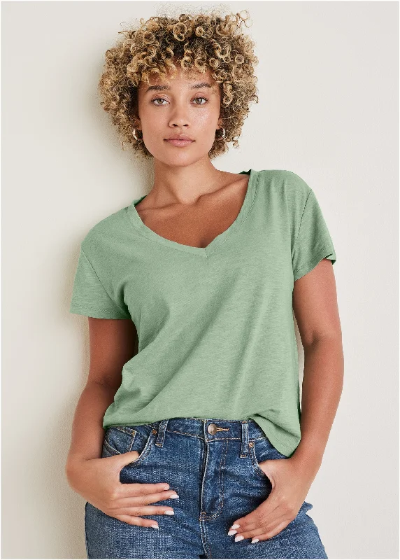 Women's V-neck Short Sleeve T-shirt -Cotton Slub V-Neck Tee - Basil
