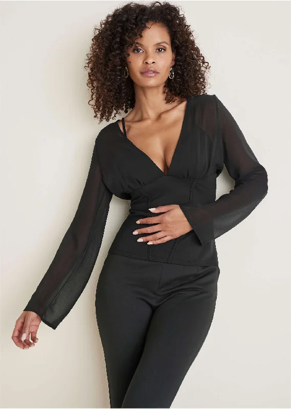 Women's Backless Shirts -Corseted Chiffon Blouse - Black