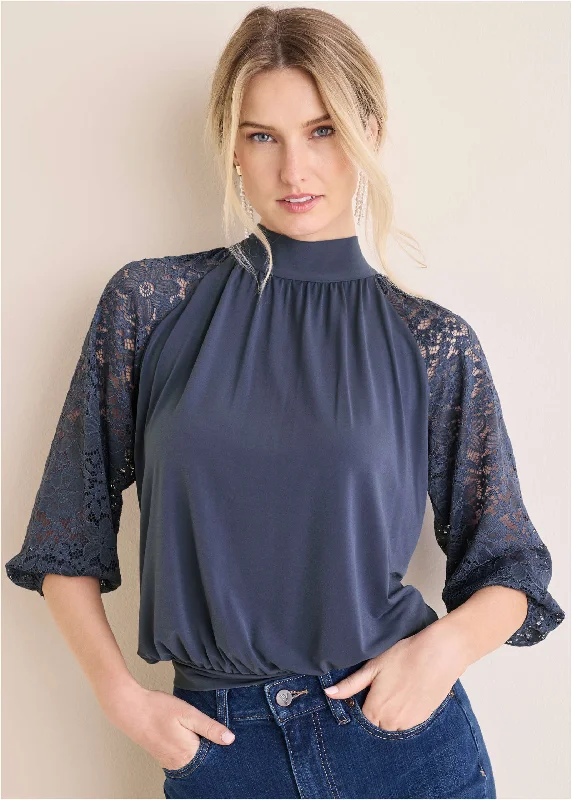 Women's Sheer Shirts -Lace Sleeve Blouse - Vintage Indigo