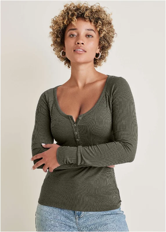 Basic Women's Short Sleeve T-shirt -Long Sleeve Henley Tee - Olive