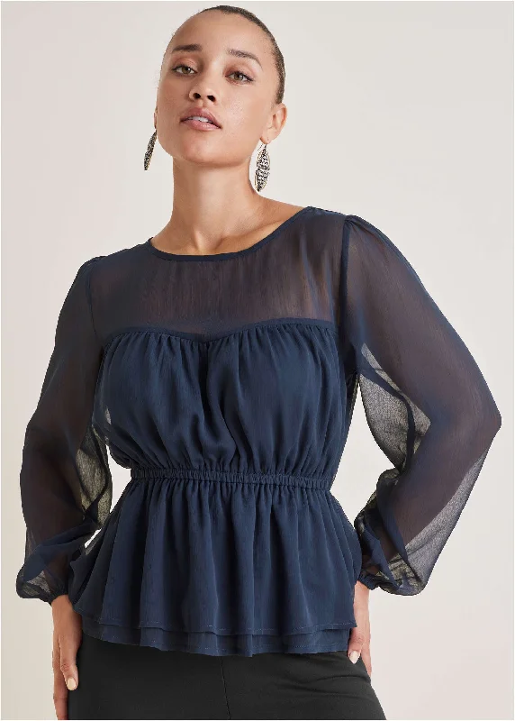 Women's Blouses for Winter -Sheer Beauty Blouse - Navy