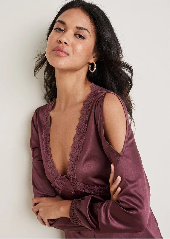 Women's Fashion Blouses -Lace Cold Shoulder Blouse - Wine