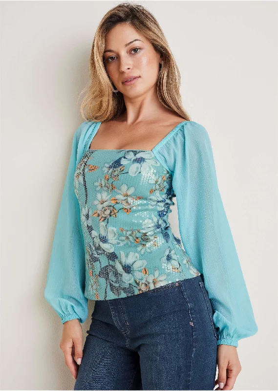Women's Loose Fit Blouses -Opulent Sequin Blouse - Light Blue Multi