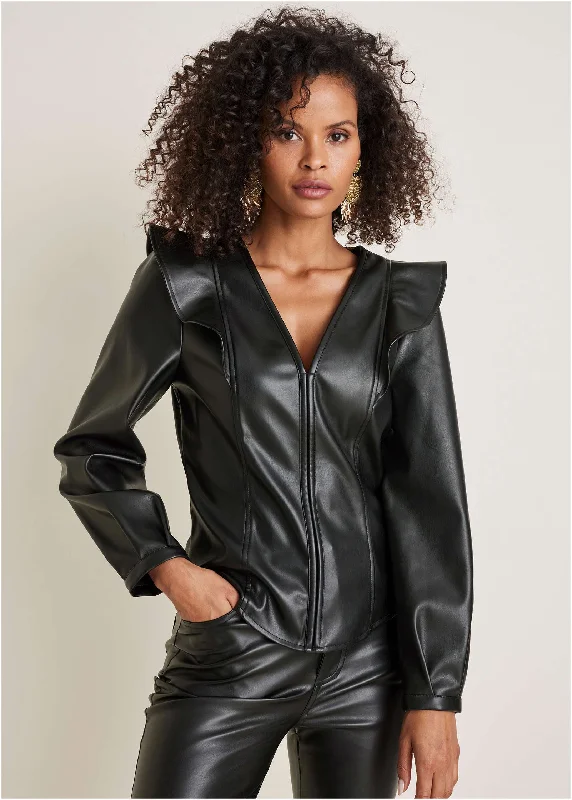 Women's Boho Blouses -Faux Leather Ruffle Blouse - Black