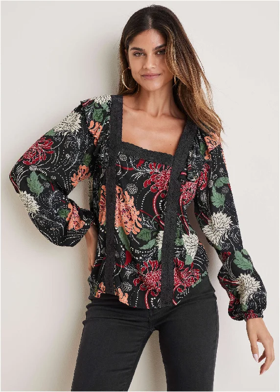 Women's Satin Blouses -Ruffle Square Neck Blouse - Whimsical Mums