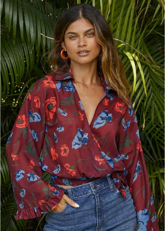 Women's Button-up Blouses -Chiffon Tie Front Blouse - Forest Floral