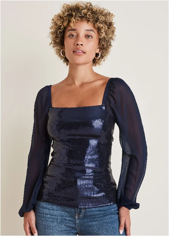 Women's Lace Shirts -Opulent Sequin Blouse - Navy