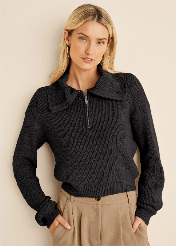 Women's Wool Knit Pullover Sweater with Bold Stitches-Quarter Zip Pullover - Black