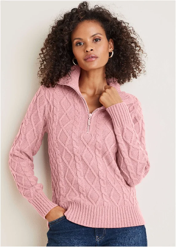 Women's Pullover Sweater with Ribbed Sleeve-Zip Pullover - Bleached Mauve