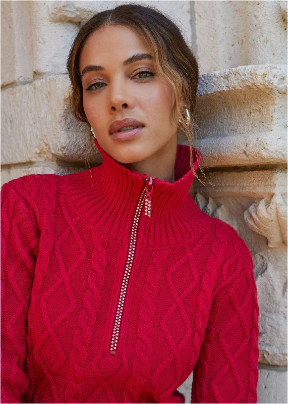 Women's Wool Pullover Sweater with Ribbed Detail-Zip Pullover - Equestrian Red