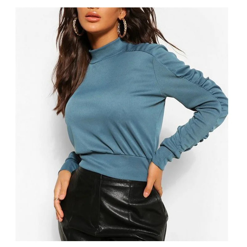 Women's Blouse with Bow Detail -ZC00903 2021 Fashion Wear Ladies Elegant Ruched Long Sleeve O-Neck Blouses Shirt Crop Top