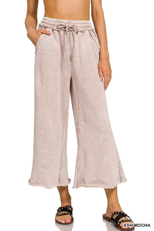 Women's Sweatshirts for Casual Layers -Zenana Acid Wash Fleece Palazzo Sweat Pants