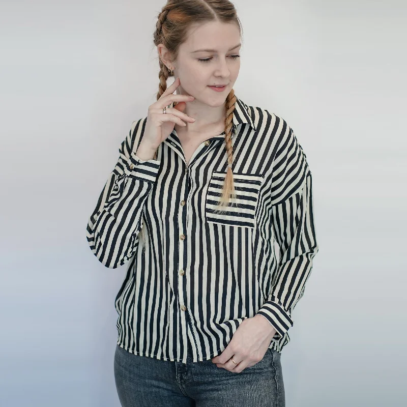 Women's Casual Short Sleeve Shirts -Striped Blouse (Taupe + Black)