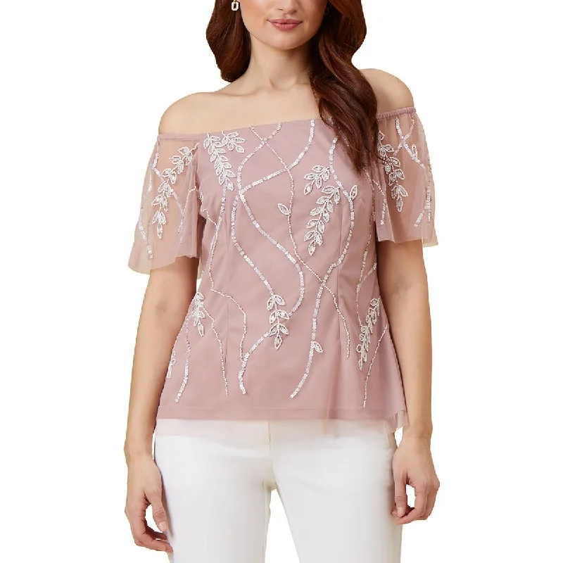 Women's Short-sleeve Tops -Adrianna Papell Womens Beaded Mesh Blouse