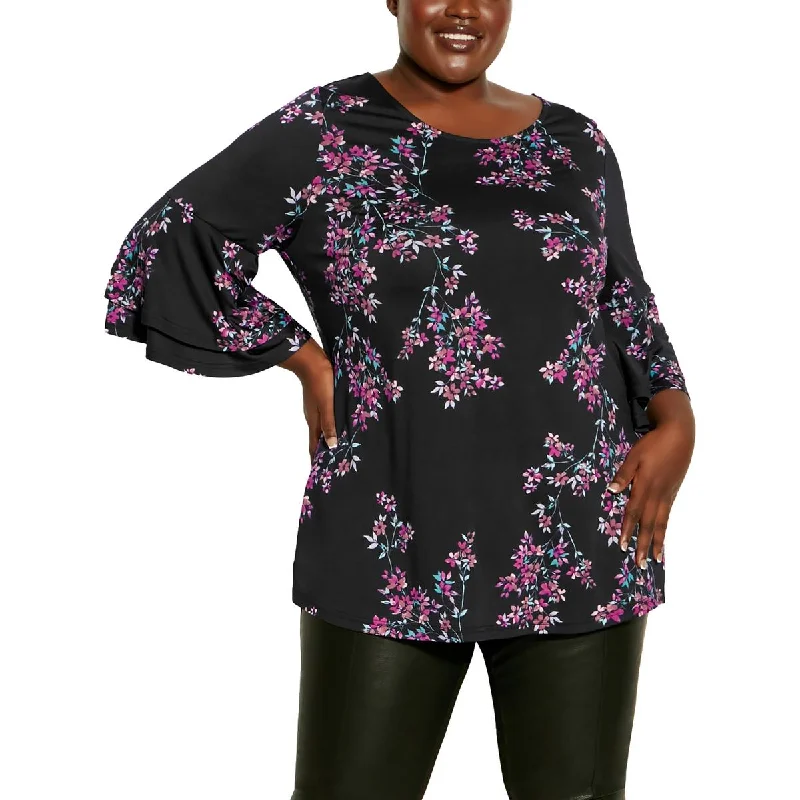 Women's Relaxed Fit Tops -Arna York Womens Plus Belview Floral Print Bell Sleeve Blouse