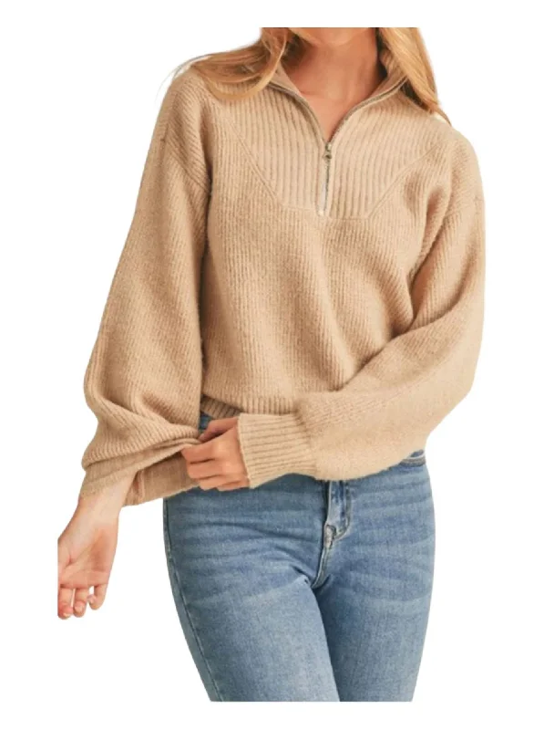 Women's Crewneck Pullovers Sweater-Ashley Half Zip Pullover Sweater In Beige