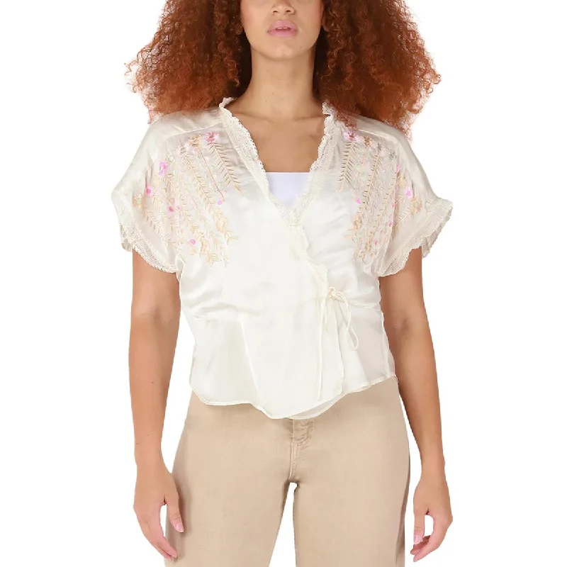 Women's Lace-Trimmed Shirts -Black Tape_ Womens Embroidered Tie-Front Blouse