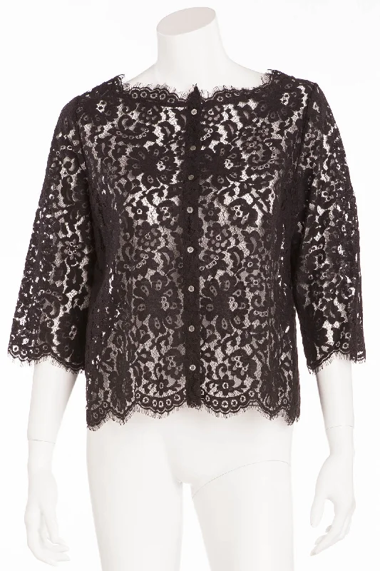 Women's Silk Button-up Shirts -Joie - Black Lace Button Up 3/4 Sleeve Blouse -